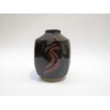 A studio pottery four sided vase with tenmoku glaze and finger wipe detail. No seal.
