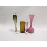 A collection of art glass including tall smoked and clear glass candlestick amber cylindrical vase,