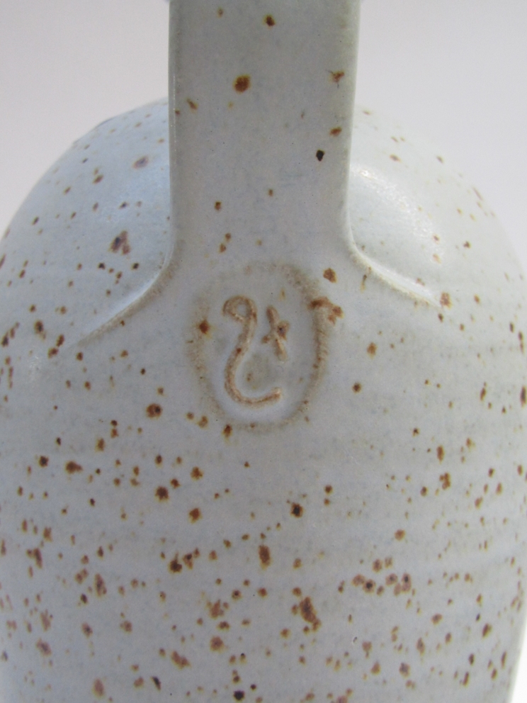 A studio pottery stoneware flask with handle and stopper with ash glaze and iron oxide spotting, - Image 2 of 3