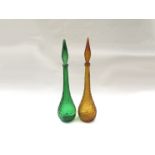 A pair of Italian glass "Genie bottles" in green and amber,