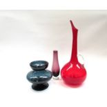 Three pieces of Art glass including red glass ewer, 40cm high, amethyst bud vase, 20.