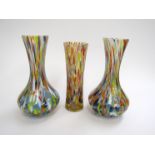 Three Murano glass vases with vertical coloured details. Label to single - CC Zecchin.