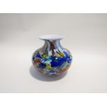 A Murano art glass vase, bulbous form in white with mottled blue,