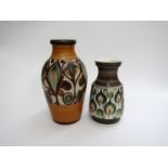 Two Denby/Langley Pottery vases with painted designs. 26.5cm and 20.