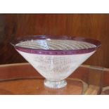 A Mike Hunter Twists Glass 'Willow' pedestal bowl, white internal line detail with cranberry rim,