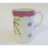 A Lowestoft porcelain polychrome large cylindrical mug painted with a hanging Chinese urn of