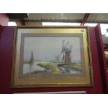 An early to mid 20th Century Broads scene with wherry boat and windmill, watercolour,