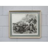 A framed and glazed etching, Woman with a turkey. Unsigned work. Plate size 39.5cm x 49.