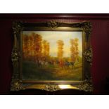 A pair of 20th Century oils on board depicting gentlemen and ladies going on a hunt, signed,