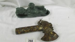 A Chinese archaistic Shang Dynasty-style mottled brown and caramel jade ceremonial axe with
