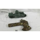 A Chinese archaistic Shang Dynasty-style mottled brown and caramel jade ceremonial axe with