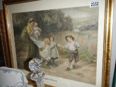 A framed and glazed print with mother and children entitled 'Wagon and Horses'