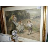 A framed and glazed print with mother and children entitled 'Wagon and Horses'