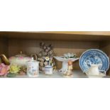 A shelf of miscellaneous including Aynsley pot, blue and white bowl etc.