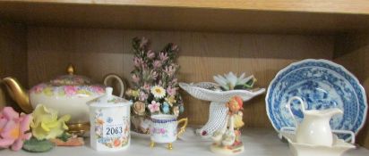 A shelf of miscellaneous including Aynsley pot, blue and white bowl etc.
