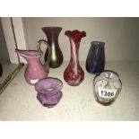 6 pieces of coloured art glass including iridescent vase.
