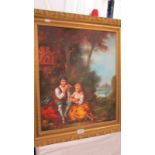 A gilt framed oil on canvas of a courting couple in rural scene, initialled N A C.