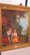 A gilt framed oil on canvas of a courting couple in rural scene, initialled N A C.