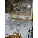 A mid 20th century cut glass decanter and 6 glasses.