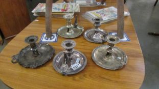 5 silver plate chamber candlesticks.