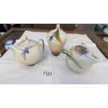 A Franz porcelain dragonfly decorated vase, milk jug and lidded sugar bowl.