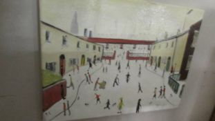 An unframed oil on canvas in the style of L S Lowry, signed John Goodland, 40 x 30 cm.