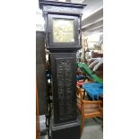 A carved oak case brass faced 19th century Grandfather clock, Winburn, Hexham.