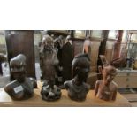 3 carved African busts and a carved Chinese Deity figure.