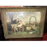 A large Edwardian gilt framed watercolour family scene in the garden signed L M Roth.