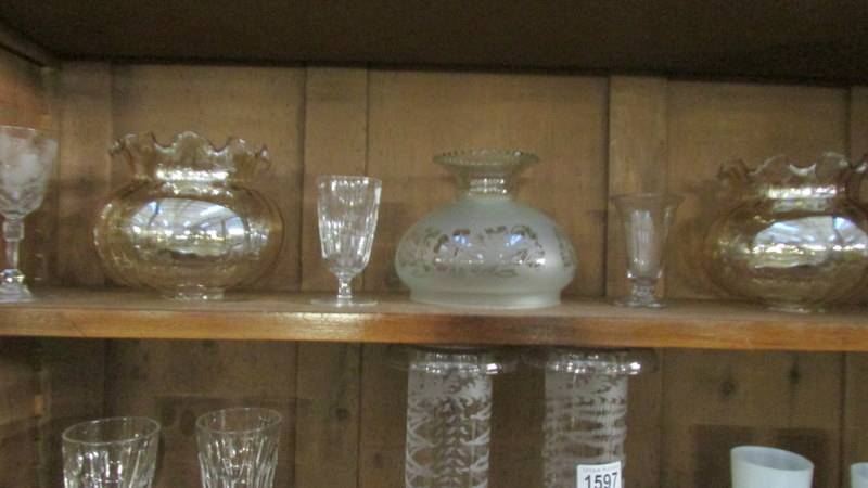 A mixed lot of glass ware including 18/19th century ale and wine glasses, oil lamp shades, - Image 4 of 4