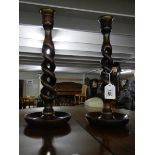 A pair of oak barley twist candlesticks. ****Condition report**** Circa 1930's.