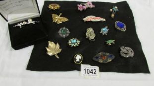 A quantity of vintage brooches on felt and a boxed pearl brooch.