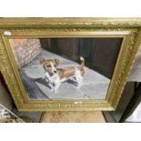 A British late 20th century gilt framed oil on board painting of a Jack Russell dog entitled 'Benji