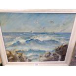 Marion Abernethy Irish oil on board 'Gulls in Flight' above a rocky sea shore, Donegal coast,