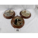 3 framed Pratt ware pot lids - 'Prince Albert', 'Albert memorial' and 'Thames embankment'.