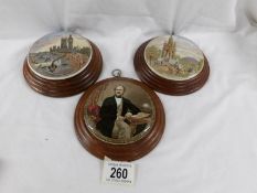 3 framed Pratt ware pot lids - 'Prince Albert', 'Albert memorial' and 'Thames embankment'.