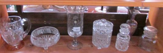 A mixed lot of cut glass including jug, biscuit barrel etc.