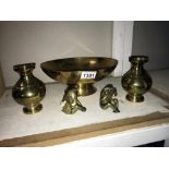 3 brass wise monkeys, Indian brass bowl and pair of vases.