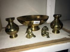 3 brass wise monkeys, Indian brass bowl and pair of vases.