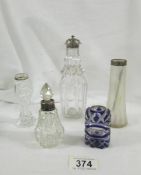 A silver top sugar sifter, 2 small vases with silver rims,