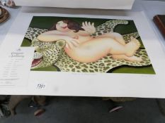 An unframed signed limited edition print by Beryl Cook entitled 'Nude on Leopard skin',