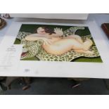 An unframed signed limited edition print by Beryl Cook entitled 'Nude on Leopard skin',