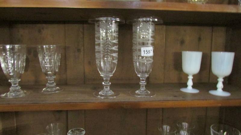 A mixed lot of glass ware including 18/19th century ale and wine glasses, oil lamp shades, - Image 3 of 4