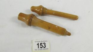 2 19th century boxwood medical containers, one for syringe, 1 for spare needles.