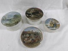 3 Pratt ware pots with lids (one a/f) and a Shakespeare related pot lid.