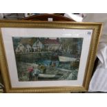 A framed and glazed fishing harbour scene signed Holness, '59.