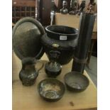 A bronze pot and 6 other items.