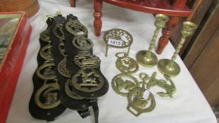 3 brass Martingales with brasses, 4 other horse brasses,