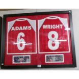 A framed and glazed Arsenal football shirts collage signed Tony Adams and Ian Wright with