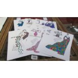 A portfolio of 30 original fashion illustrations in pen and ink by Roz Jennings (Illustrator for